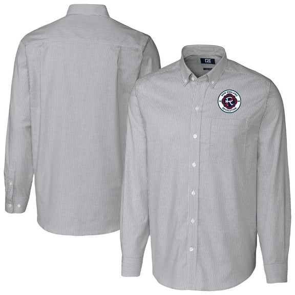 Men's-Cutter & Buck  Charcoal New England Revolution Big & Tall Stretch Oxford Stripe Tri-Blend Long Sleeve Dress Shirt