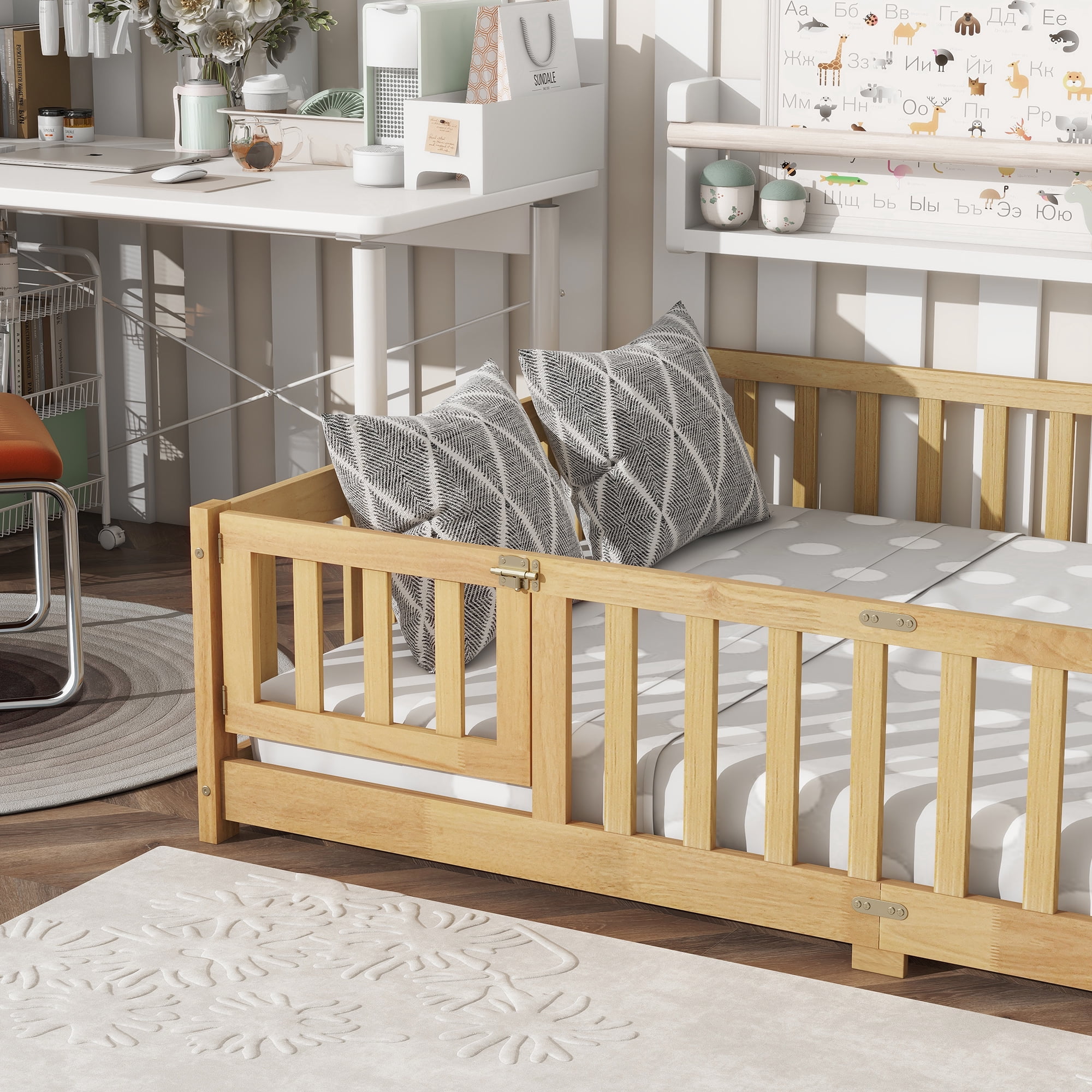Sailvan Full Floor Bed with Fence and Door, Solid Rubber Wood Kids Platform Bed Frame Natural
