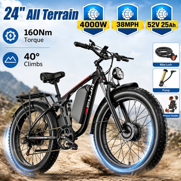 PUJH Electric Dirt Bike 4000W Dual Motor 52V 25Ah 38 MPH 110 Miles 160Nm 40 Deg Climb 24 Inch Fat Tire Full Suspension Hydraulic Brakes for Adults Mud