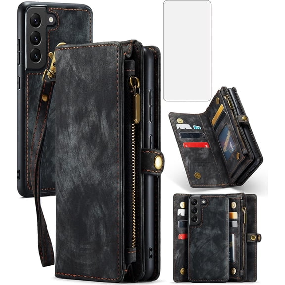 Phone Case for Samsung Galaxy S22 5G Zipper Wallet Detachable Cover with Tempered Glass Screen Protector and Leather Flip Credit Card Holder Cell Accessories Gaxaly S 22 22S G5 Women Men Black