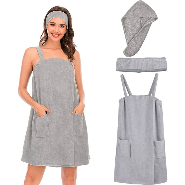 YCRC Bath Wrap Towel with Straps Women Shower Robes Turban&Headband Bathrobe Dress Cozy Coral