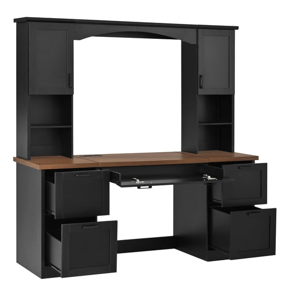 Farmhouse Arched Computer Desk with Hutch, Mid-Century Walnut Home Office Workstation with Charging Station & Keyboard Tray, All-in-One Writing Desk with File Drawer for Study, Office, Black