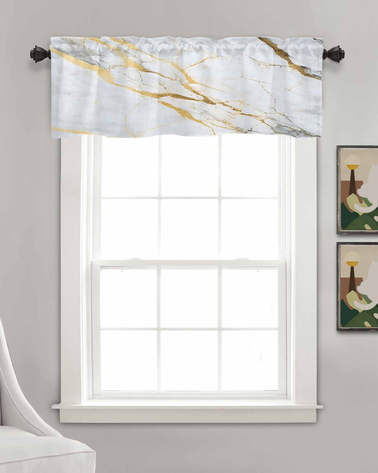 Marble White Gold Kitchen Valances for Windows Farmhouse Linen Window Valance Curtain for Living Room Window Treatment Modern Marbles Geometric Valance Rod Pocket Topper Drape, 54 x 18 Inch