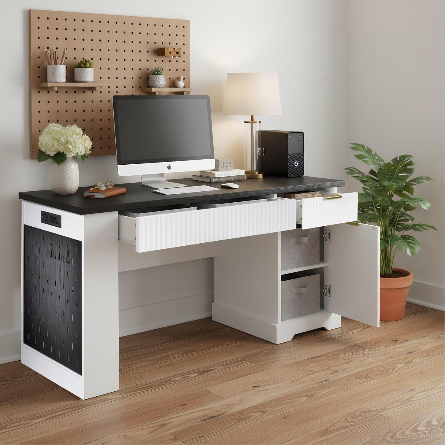 55'' Executive Desk with Pegboard & Charging Station, Fluted Home Office Desk with File Drawer and Storage Cabinet, Modern Writing Table for Office Home, Bedroom (White&Black)