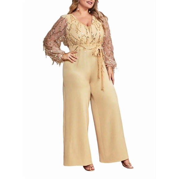 Elegant Long Sleeve Jumpsuit for Women with Floral Embroidery and Lace Details Khaki XL