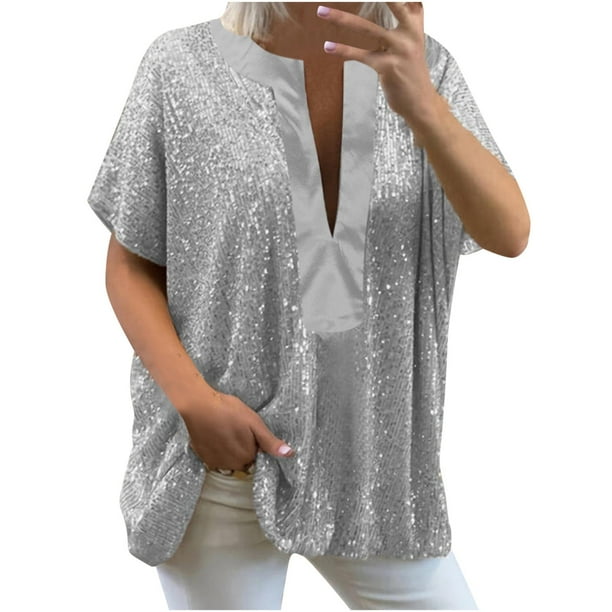 Blusa UMfun para mujer, tallas grandes, sexy, de manga corta, con lentejuelas, holgada, lisa, con cuello en V, color plateado, talla XL