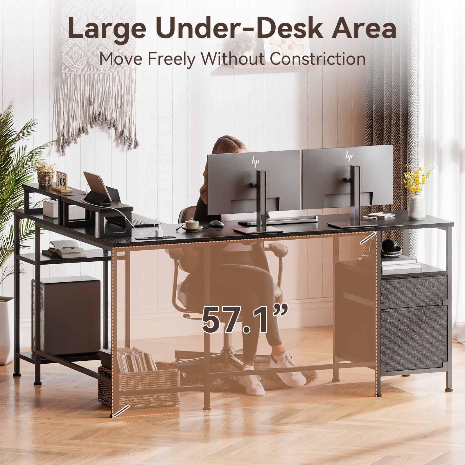 Satifur Computer Desk 65" L-Shaped, Corner Desk with Power Outlet, Reversible Gaming Desk, Black