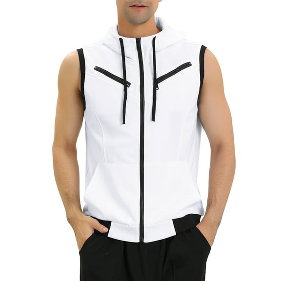 INSPIRE CHIC Men's Pocket Zip up Drawstring Hoodie Vest 40 White