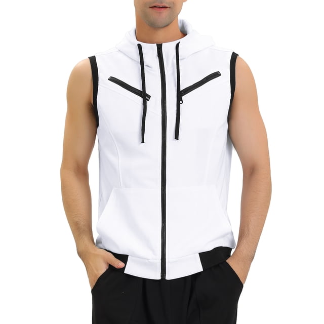 INSPIRE CHIC Outfit Men's Vest Hoodie Zip Up Sleeveless Drawstring Hooded Vest 46 White