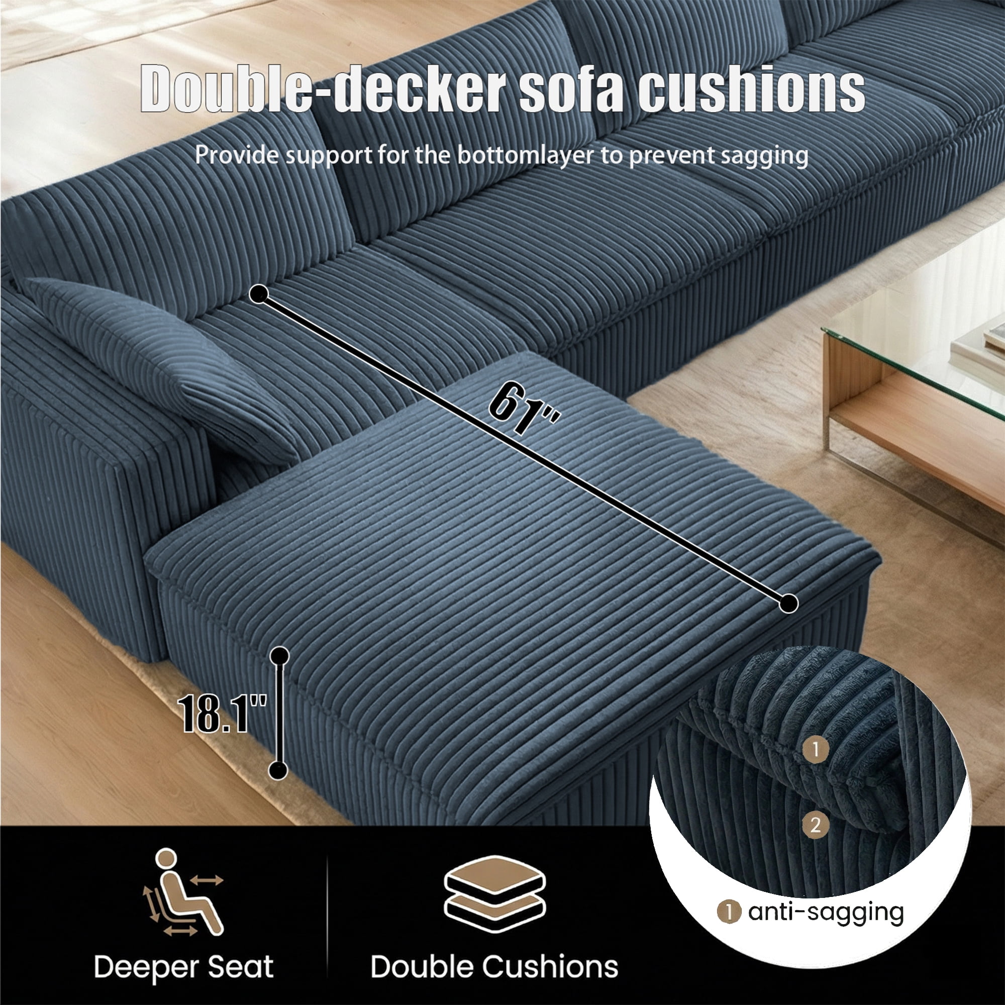 Eyisean 78.8" Corduroy Cloud Loveseat Couch with Ottoman, 2 Seater Comfy Boneless Couch with Throw Pillow, Removable Cushion, Lounge Sofa in a Box, Modular Sectional Sofa for Living Room, Bedroom