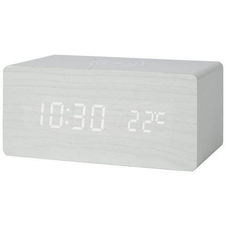 REGALWOVEN Digital Alarm Clock, Wood Grain Casing Design, Voice Wake-Up, Dimmable Display for Bedroom White 6.7L x 3.1W x 2.8H