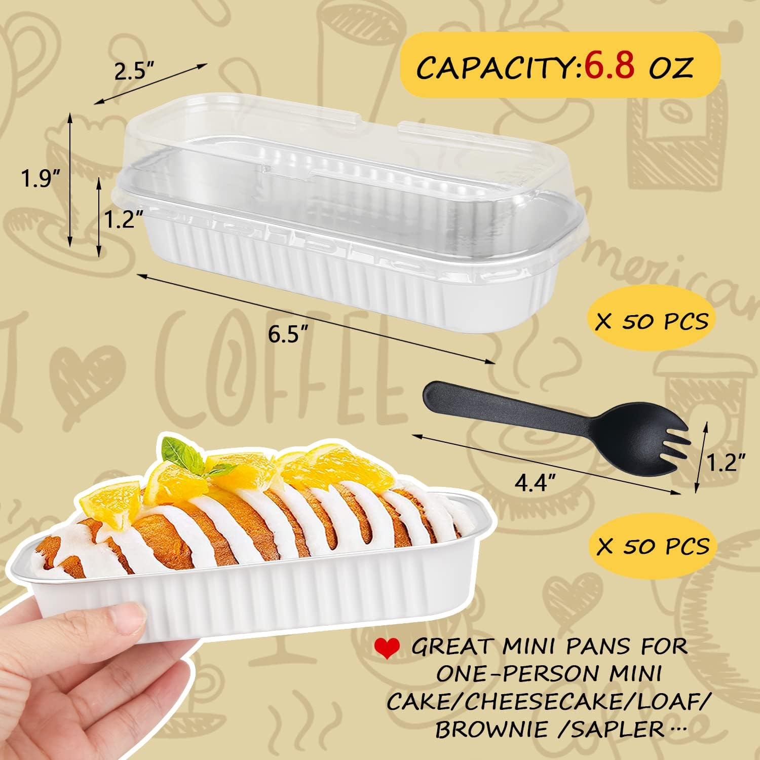 Mini Loaf Baking Pans with Lids 50 Pack 6.8oz Rectangle Aluminum Foil Cake Tins Containers Disposable Ramekins Cups Muffin Tins-White