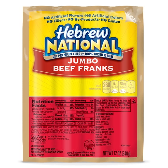 Hebrew National Jumbo Beef Franks, 12 oz, 4 Count