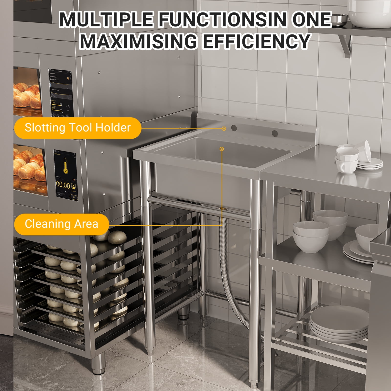 COZONY Freestanding Stainless Steel Commercial Sink with Faucet - Prep & Utility Washing Hand Basin, Laundry Tub for Restaurant, Garage, Shop, Cafe