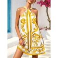 thumbnail image 3 of Yellow Womens Halter Neck Allover Baroque Print A-Line Mini Sundress For Summer Beach Vacation & Casual Outing, 3 of 7