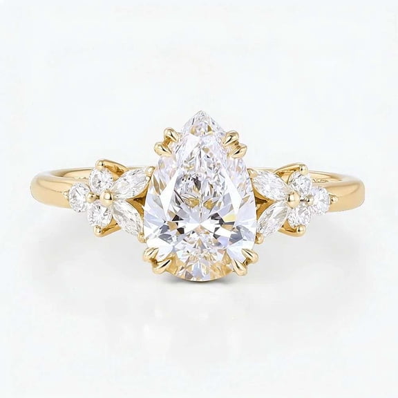 vylahjewellery Vintage Vermeil Yellow Gold Engagement Anniversary Ring Pear Cut Diamond Valentine Day Ring with Marquise Side Stones Moissanite Wedding Promise Ring for Her