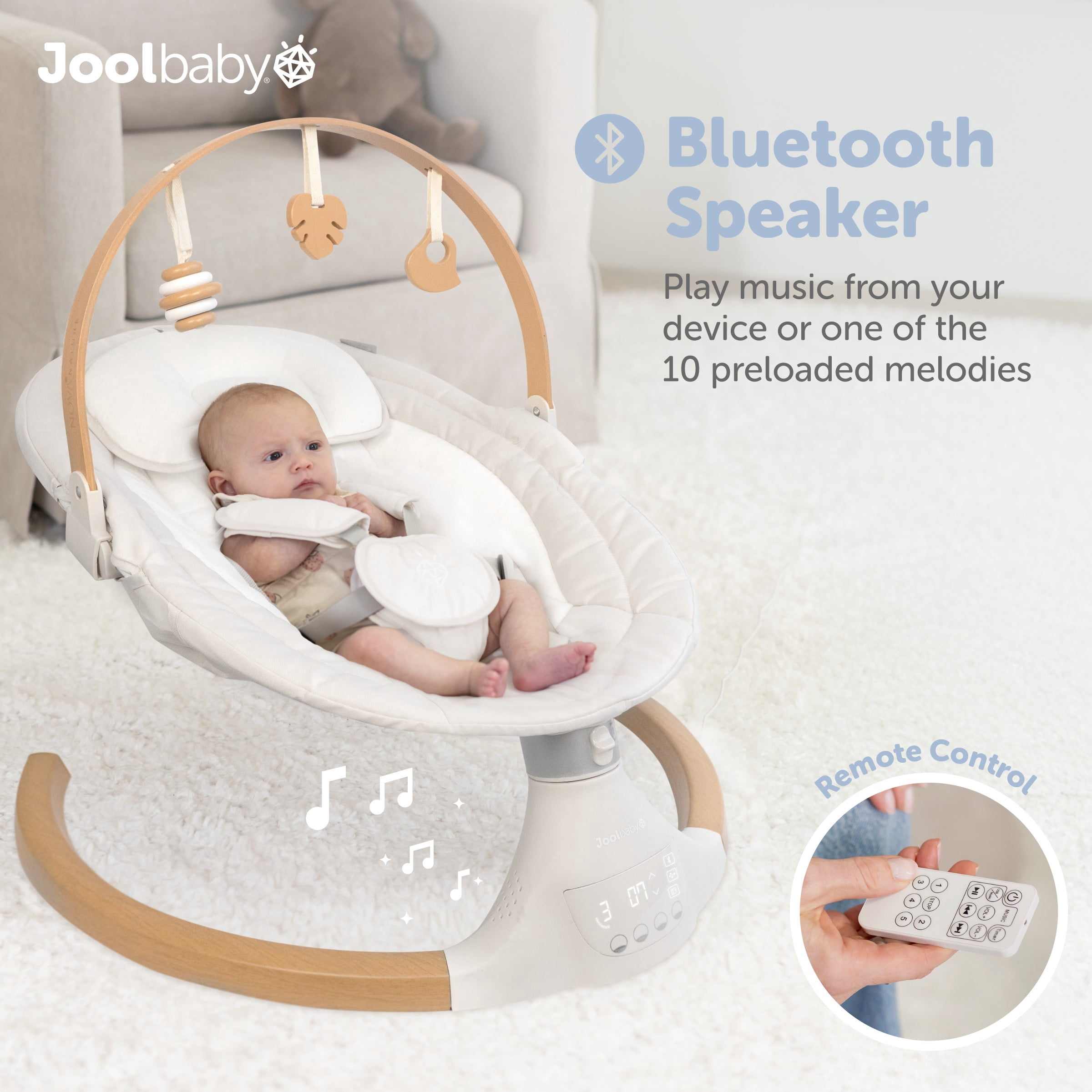 Jool Baby Nova Nature Baby Swing for Newborns – Natural Wood Toys, Electric Motorized Infant Swing, Bluetooth Music