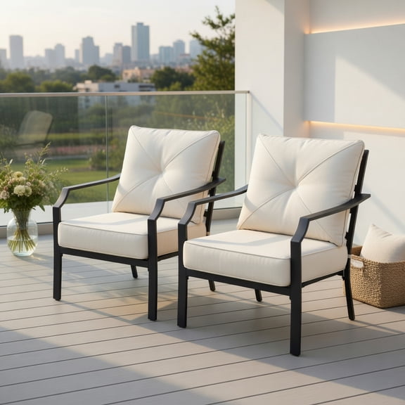 2-Piece Outdoor Dining Chairs Set with Removable Beige Cushions, Rust-Resistant Black Steel Frame, Ergonomic Armrests & Anti-Slip Feet – Patio, Backyard, Balcony Ready
