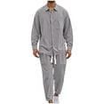 thumbnail image 1 of Man Leisure Solid Color Button Pocket Long Sleeves Shirt Beach Trousers Suit, 1 of 5