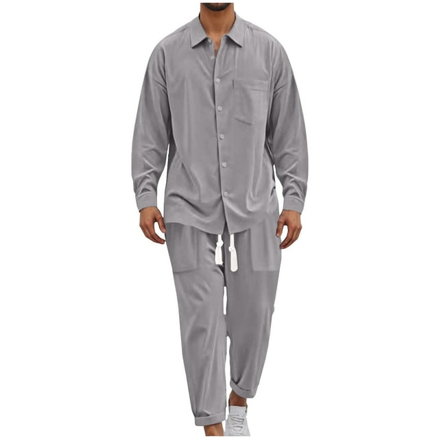 Man Leisure Solid Color Button Pocket Long Sleeves Shirt Beach Trousers Suit