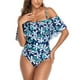 thumbnail image 2 of Traje de baño de una pieza con volantes florales, diseño de secado rápido, base azul con flores blancas, talla M, adelgazante y control de abdomen, 2 of 6