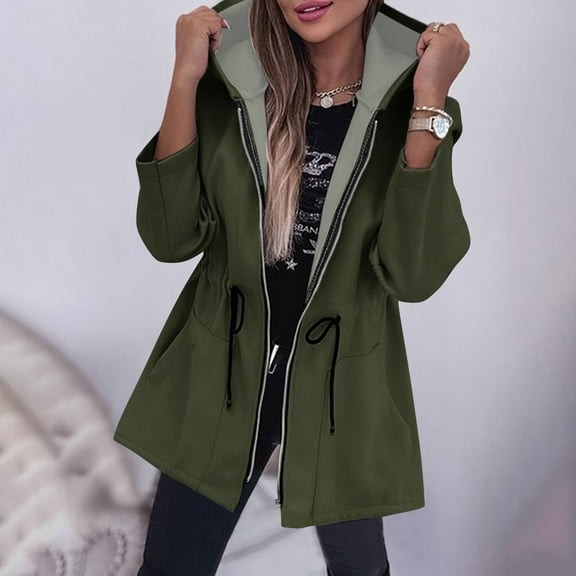 Black**Sale on Sale Chaoheng Women Trench Coats Winter Women's Solid Color Hooded Zip Up Jacket,Long Sleeve Open Front Casual Coat
