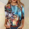 thumbnail image 2 of Camisas de manga 3/4 para mujer Camisetas gráficas con estampado lindo Blusas Casual Tallas grandes Tops básicos Jersey azul oscuro / 5XL, 2 of 6