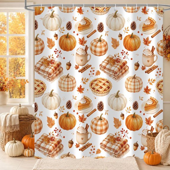 Fall Pumpkin And Pie Shower Curtain Waterproof Fabric Bathroom Decor With Hooks 71x71 inches