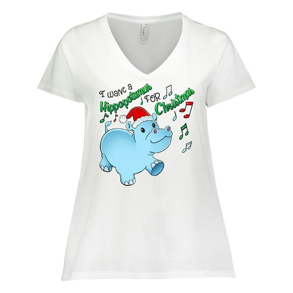 Inktastic I Want a Hippopotamus for Christmas Hippo in Santa Hat Women's Plus Size V-Neck T-Shirt