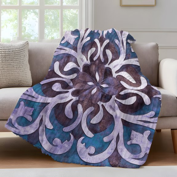 Blue Purple Ethnic Fleece Throw Blanket for Couch, Rustic Boho Flowers Impressionist Microfiber Flannel Blanket for All Season, Lightweight Soft Throw Blankets for Bed, Sofa, Travel, 50"x60"