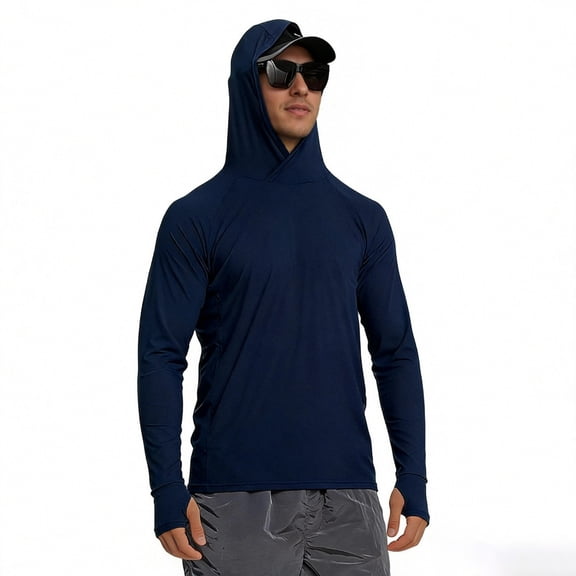 Riecok Sun Protection Shirts for Men Long Sleeve Quick Dry Pullover Breathable Hooded Tops Workout Fishing Clothes Blue 2XL