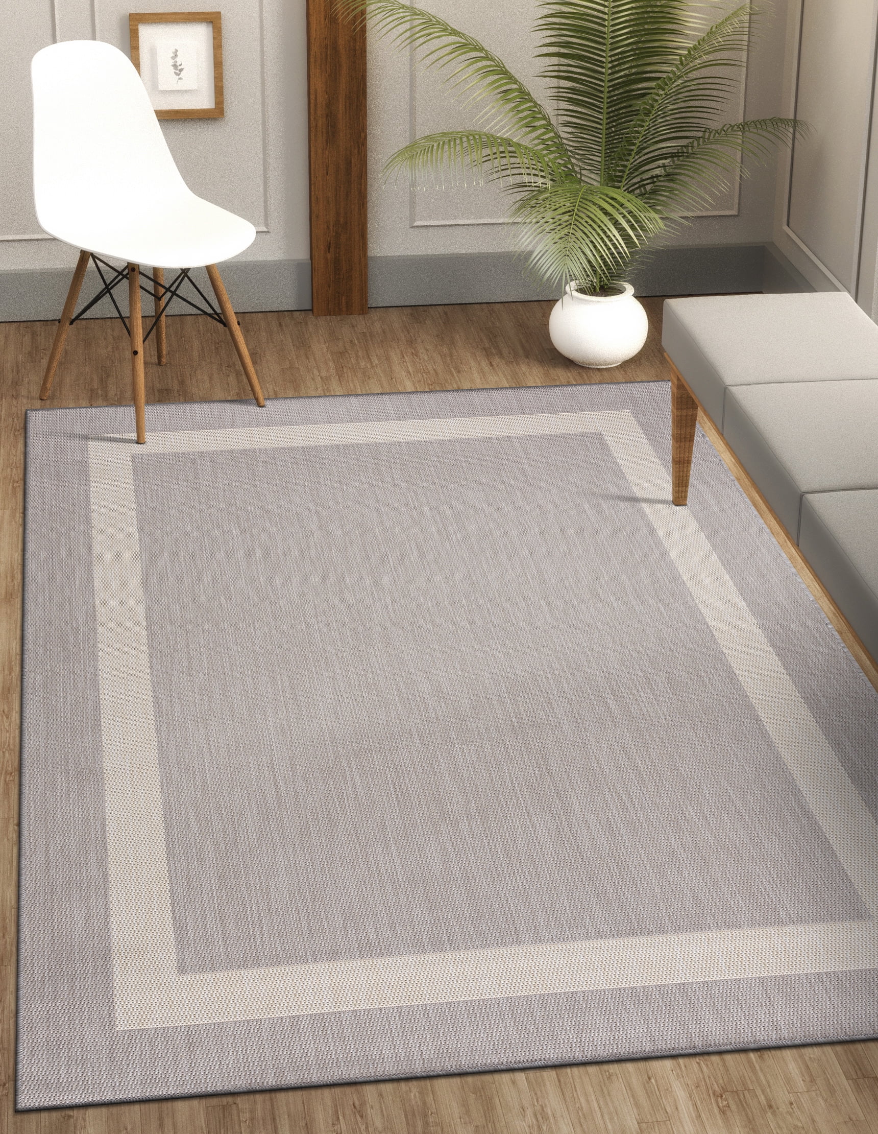 CAMILSON Bordered Washable Indoor Outdoor Area Rug Grey 10 x 14