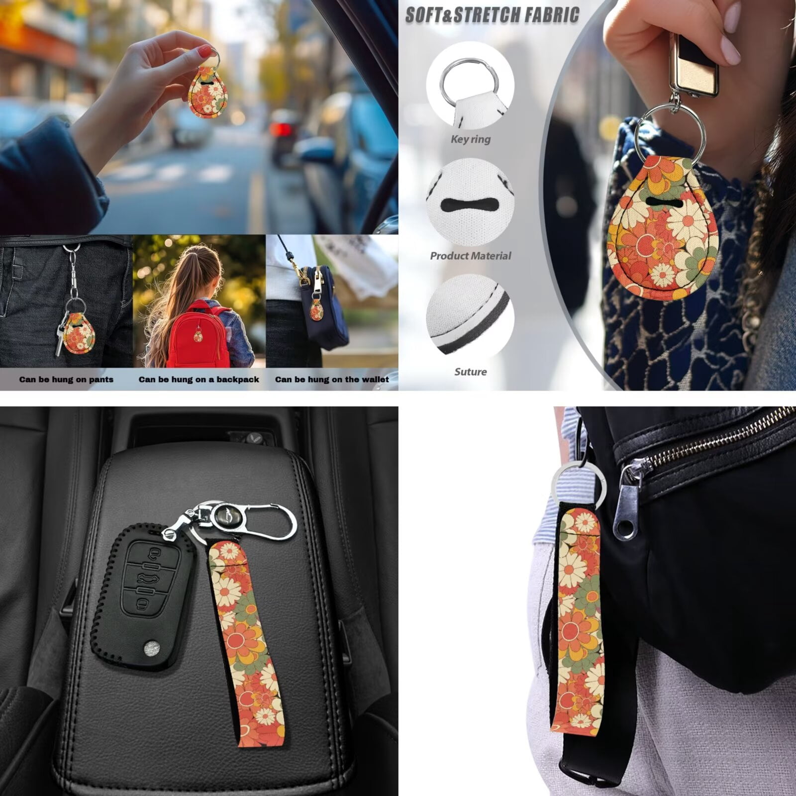 Jeiento 13 PCS Car Seat Cover Set with Steering Wheel Cover Seat Belt Strap Cover Armrest Cover Coaster Keychain Abstract Hippie Flower Automobile Interior Sets Decor Easy to Install