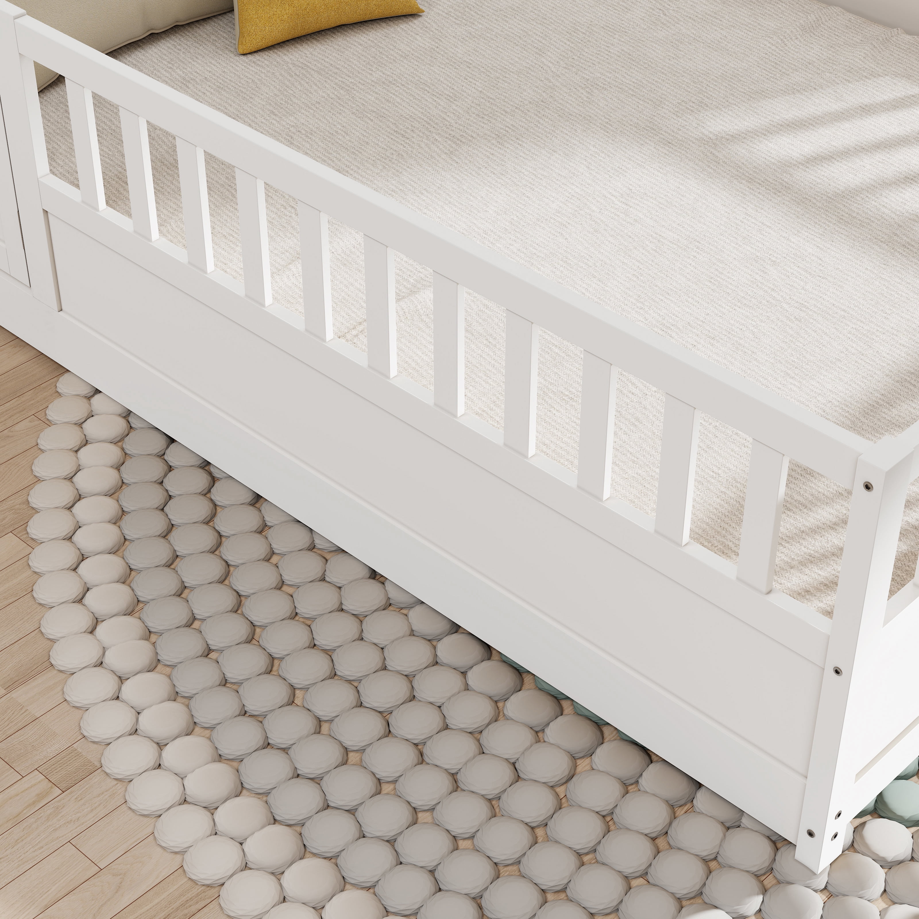 Miniyam Wood Full Size Floor Bed with High Fence, Door, White