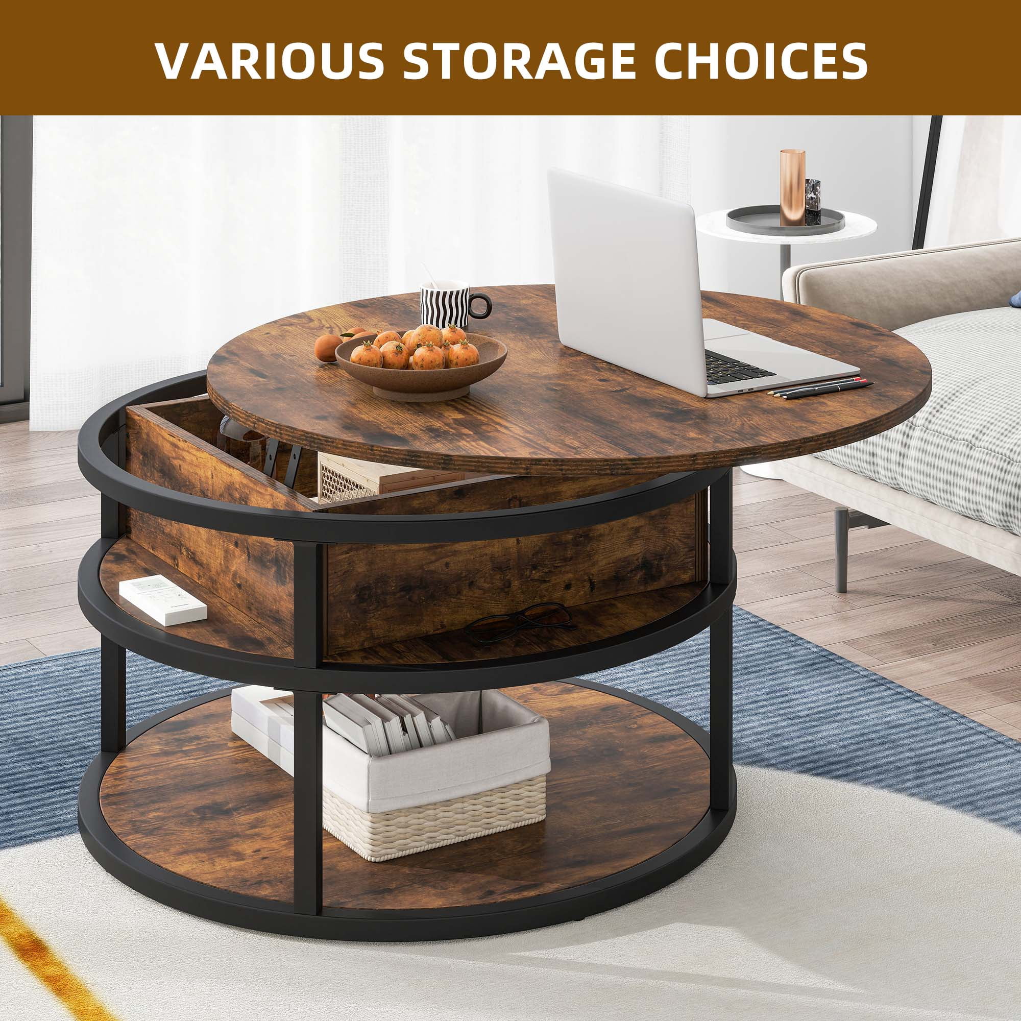Uforic 3-Tier Round Coffee Table with Lift Top and Hidden Storage for Living Room, Brown
