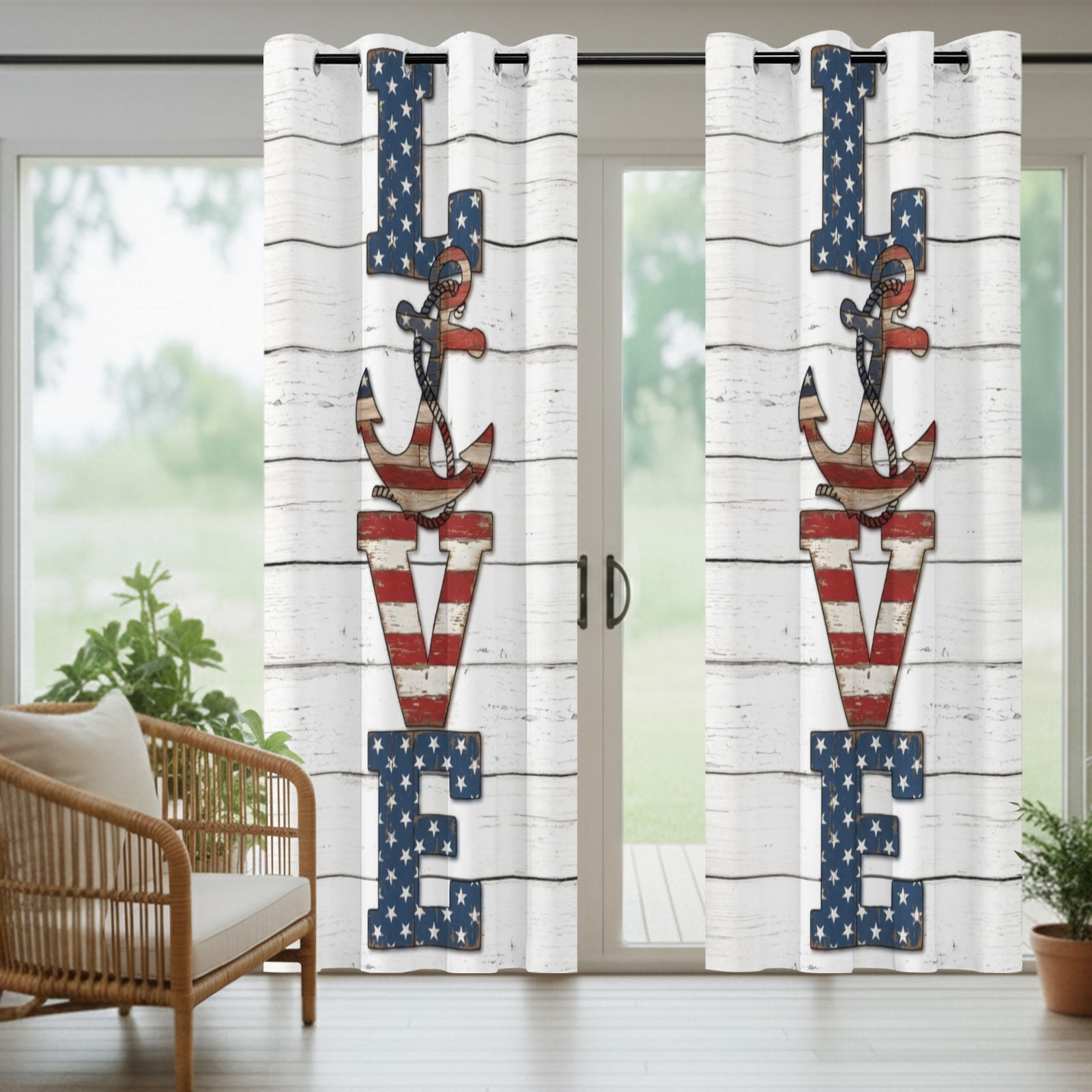 Rustic Love Outdoor Curtains for Patio, Windmill Stars Stripes Wood Grain USA Flag Sunshade Privacy Drapes Grommet Waterproof Outside Curtains for Porch/Cabana/Balcony 54"x 108", 1 Panel