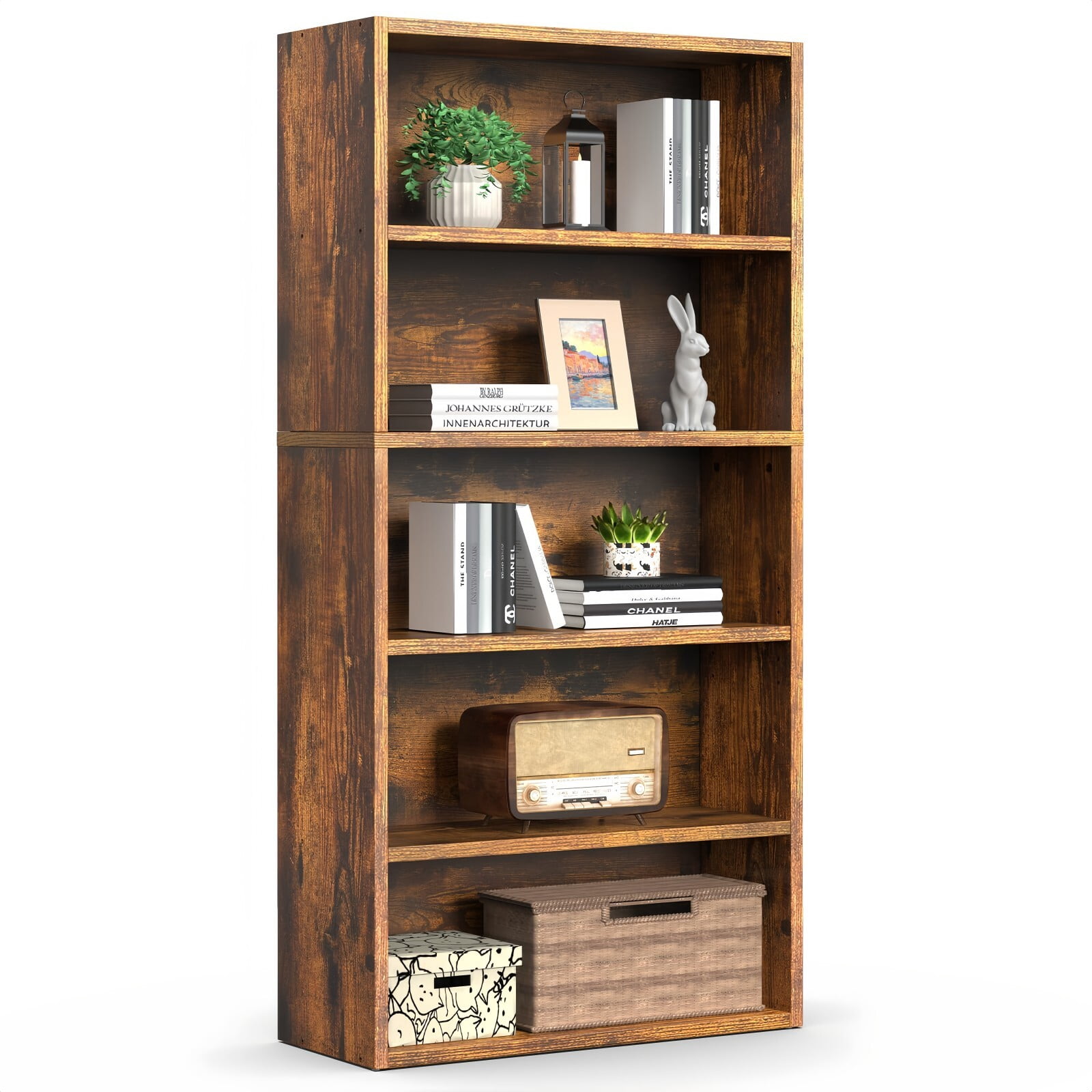 Kelno 5 Tier Vintage Bookshelf 53" Freestanding Wood Bookcase with Adjustable Shelf Anti-Tip Kit, Rust