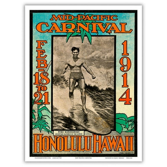 1914 Mid-Pacific Carnival - Duke Kahanamoku - Honolulu Hawaii - Vintage Travel Poster by Lew Henderson, Ned Steel c.1914 - Master Art Print (Unframed) 9in x 12in