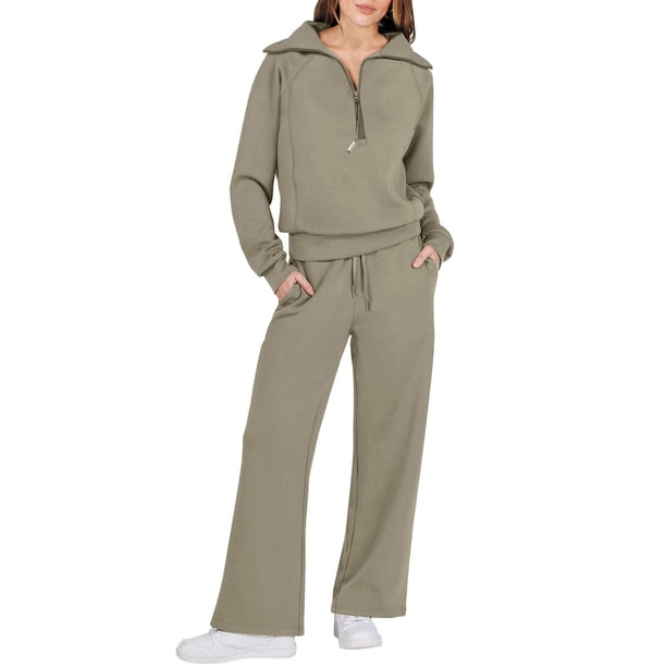 Conjunto deportivo Prolriy para mujer, conjunto de dos piezas, sudadera extragrande con cremallera de un cuarto y pantalón deportivo de pierna ancha, conjunto de otoño, chándal para mujer, verde XL