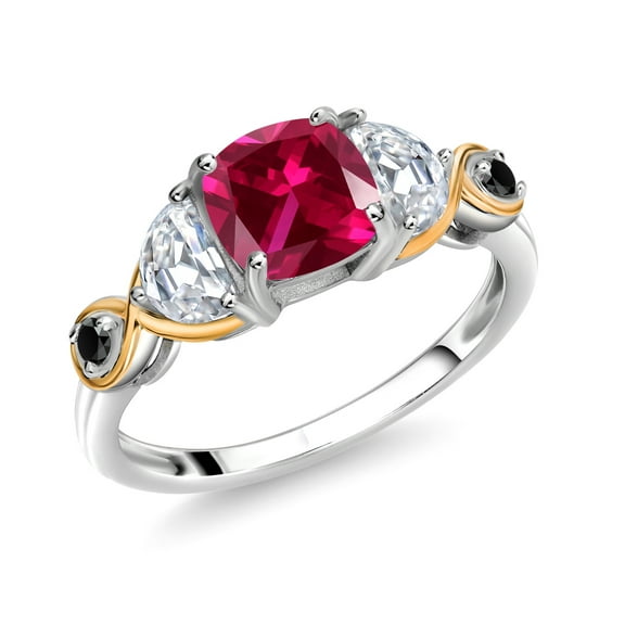 Gem Stone King 925 Silver and 10K Yellow Gold 3-Stone Ring Cushion Created Ruby Half Moon Moissanite and Black Diamond (1.67 Carat Cttw) (Size 8)