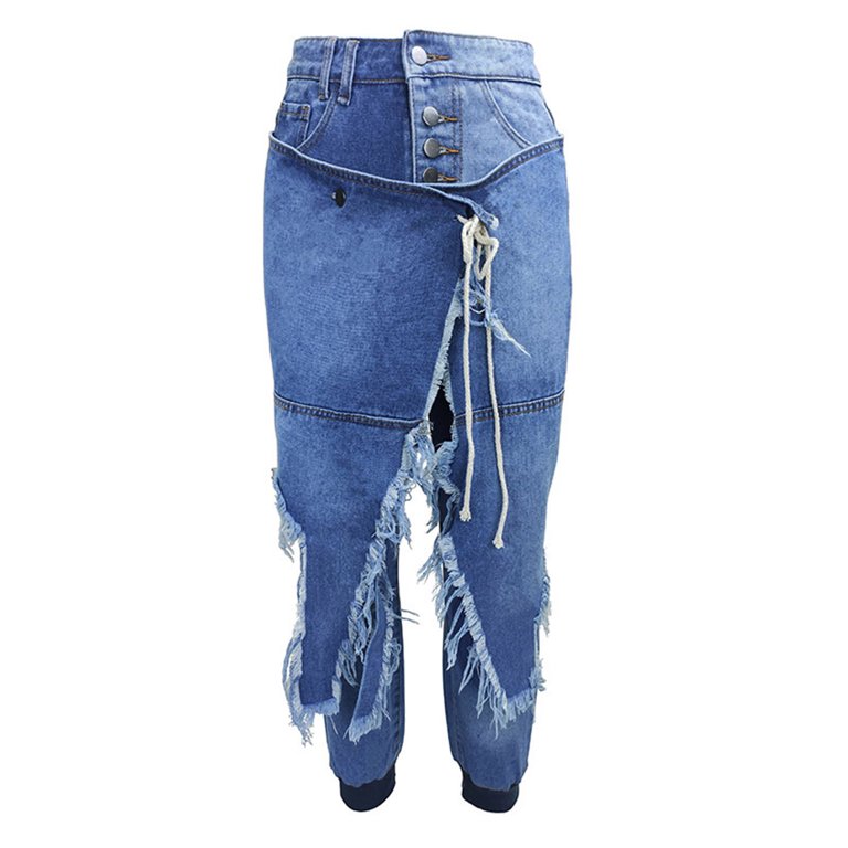 Womens Capris Jeans Plus Size Crossover High Elastic Waist Fake Two Piece  Capri Pant Button Fly Stretch Skinny Distressed Patches Drawstring Button  Pockets 2 in 1 Cropped Denim Trousers 