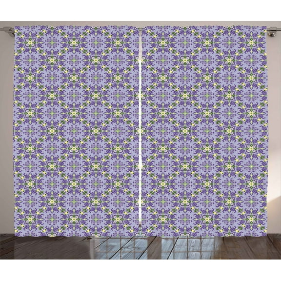 Ambesonne Mandala Curtains 2 Panel Set, Ornate Floral Motifs, 108" x 63", Purple Lilac Green