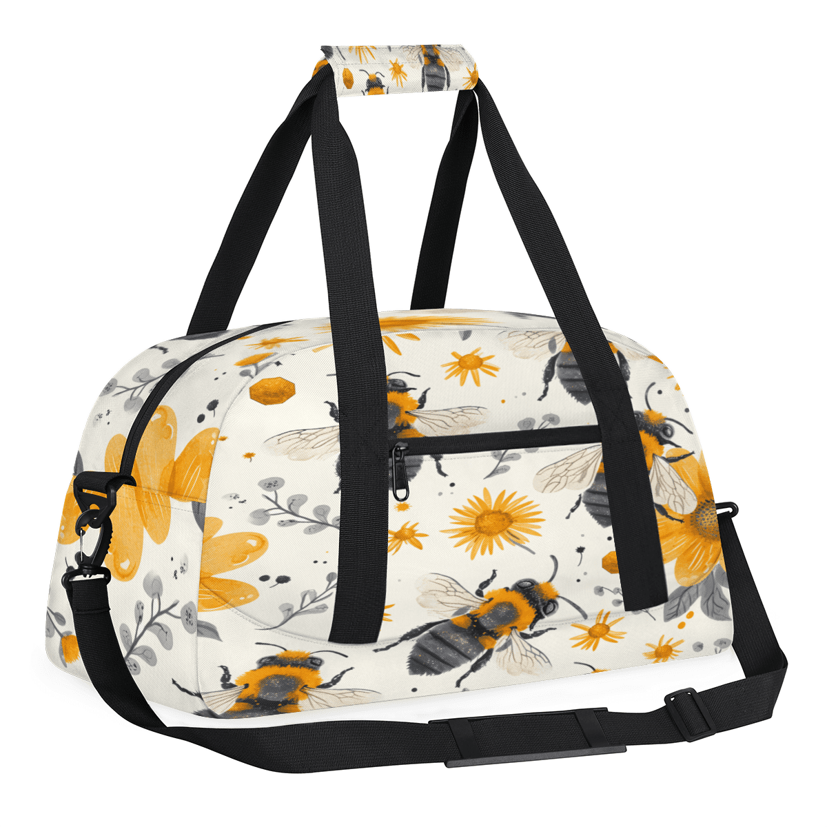 Herdesigns Bee Sports Duffle Bag for Women & Men, Honeybee Flowers Floral Gym Bag Dance Bag Overnight Bag Carry On Weekender Travel Bag