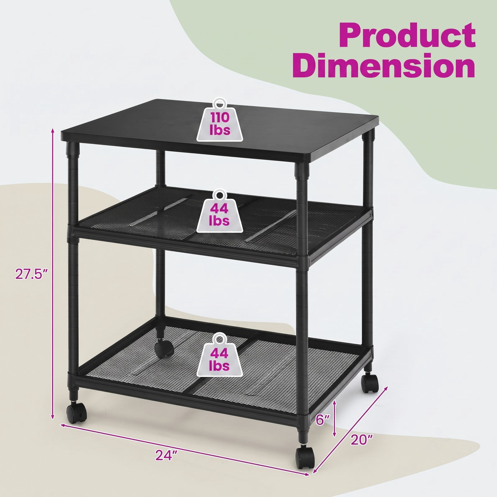 Furnibear 3 Tier Rolling Printer Stand Fax Cart with Adjustable Shelf, Swivel Locking Wheels, Wood Iron Mobile Storage Organizer for Home Office - Black