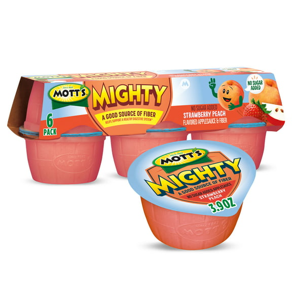 Mott's Mighty No Sugar Added Strawberry Peach Applesauce, 3.9 oz, 6 Count Cups