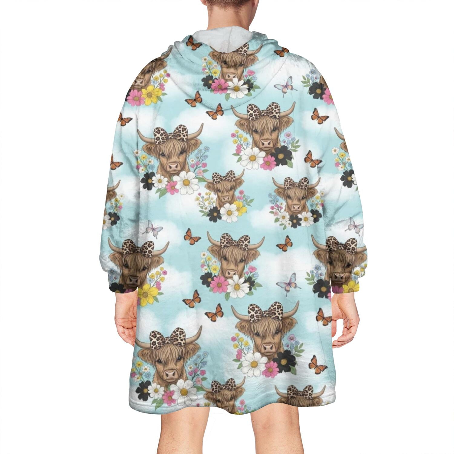 Blue Highland Cow Flower Butterfly Pattern Wearable Oversized Blanket,Wearable Blanket Hoodie for Adults,Cozy Hooded Blankets with Super Pockets,Super Warm Fuzzy Pullover for Women & Men