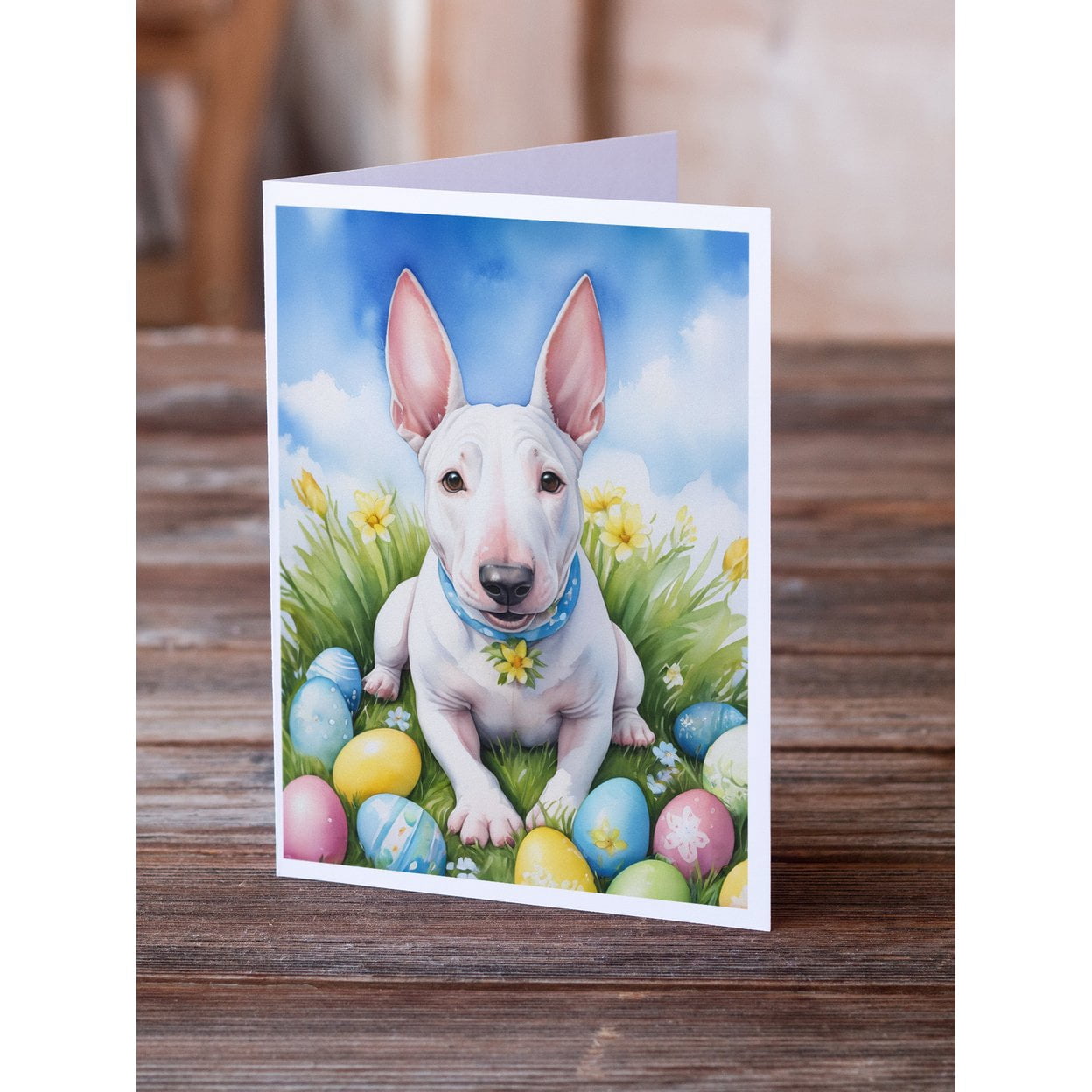 English Bull Terrier Easter Egg Hunt Greeting Cards Pack of 8 7 in x 5 in