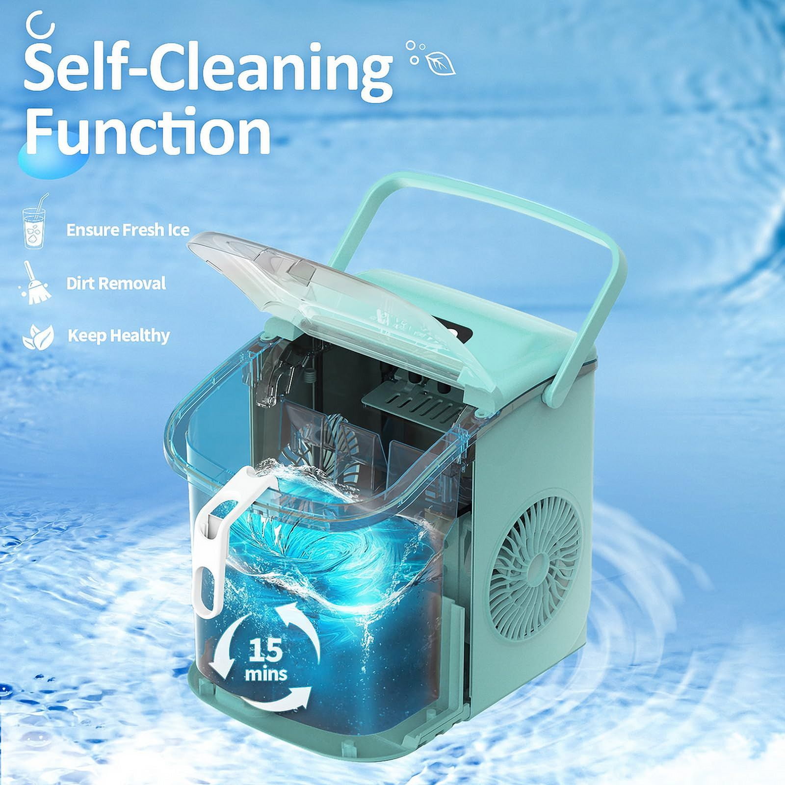 YUKOOL Countertop Ice Maker with Handle Portable Ice Maker, 26lbs/24 Hours, 6 Minutes/9 Ice Cubes, S/L Bullet Ice, Self Cleaning, Suitable for Home, Kitchen, Office, Leisure Area(GREEN)