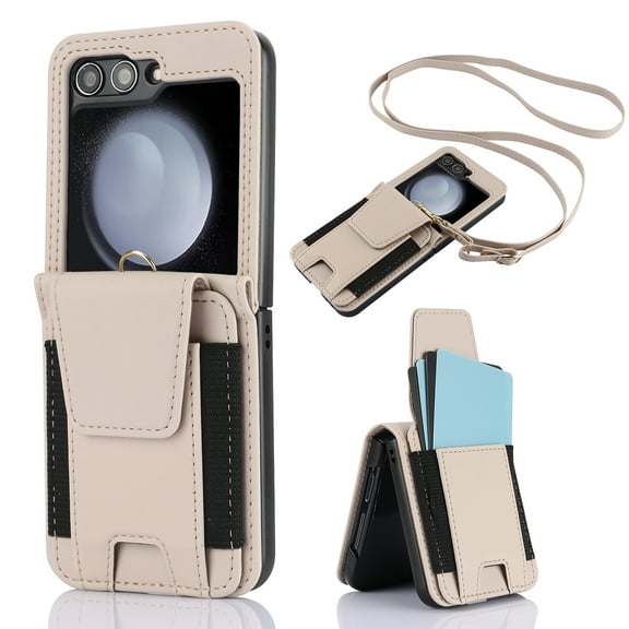 ELEHOLD for Samsung Galaxy Z Flip 3 Leather Wallet Case with Back Credit Card Slot Crossbody Strap Lanyard fit for Women Girls Anti-Scratches Purese Cover for Galaxy Z Flip 3,Apricot