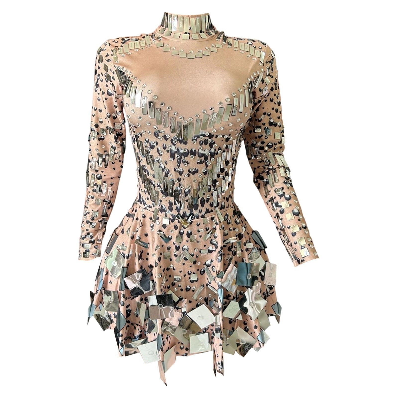XIAOCHA Women's Mirror Sequin Mini Dress Long Sleeve High Neck Slim Fit Dress Futuristic Party Performance Dress